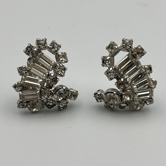 Kramer of New York Jewelry - Vintage Kramer Of NY Rhinestone Clip Earrings Baguette Marquise Silver Tone EUC